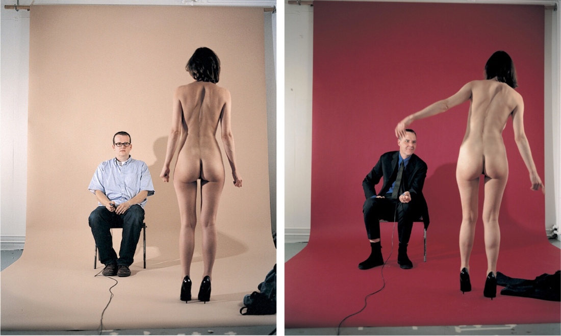 Jemima Stehli, (Left) Jemima Stehli. Strip no. 4 Curator (Shot 11 of 12), 1999; (Right) Strip no. 6 Critic (Shot 9 of 10), 2000. Courtesy of the artist from the Strip series.